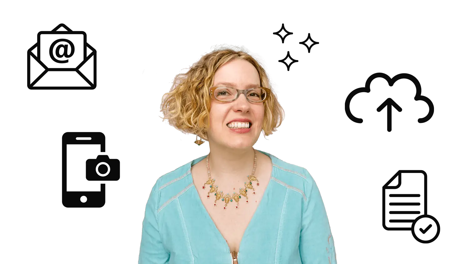 Alexandria smiling, surrounded by fun digital organisation icons.
